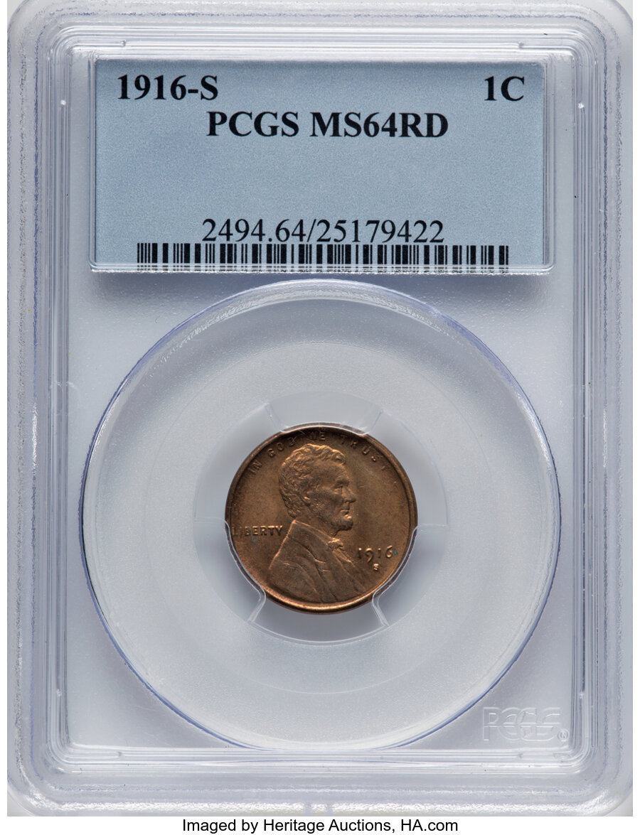 1916-S 1C MS64 Red PCGS. PCGS Population: (117/40). NGC Census: (30/7). CDN: $900 Whsle. Bid for NGC/PCGS MS64. Mintage 22,...