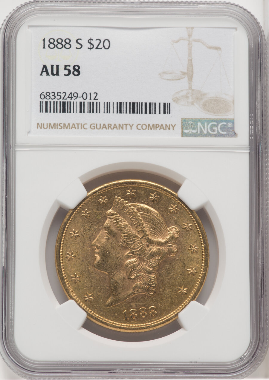 1888-S $20 AU58 NGC. Mintage 859,600. ...