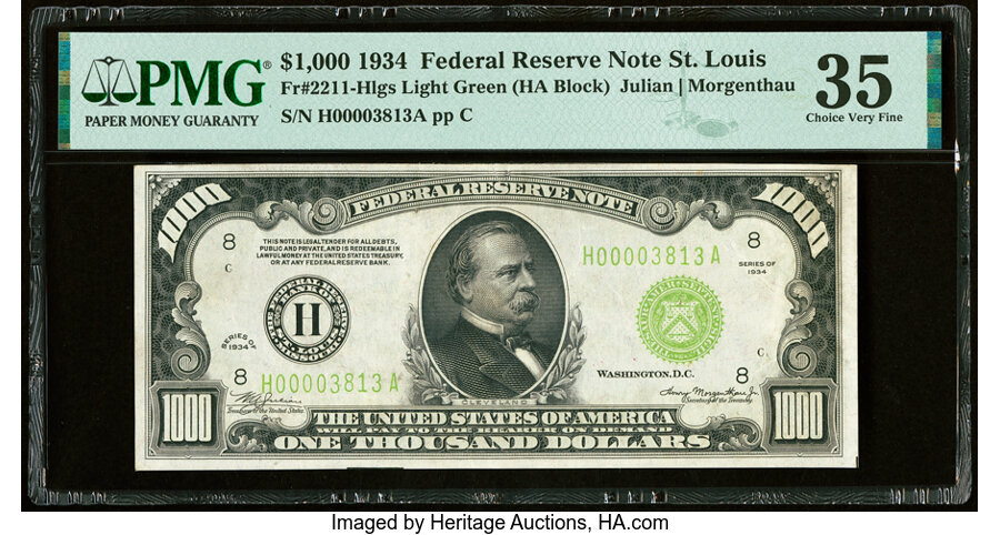 Fr. 2211-H $1,000 1934 Light Green Seal Federal Reserve Note. PMG Choice Very Fine 35....
