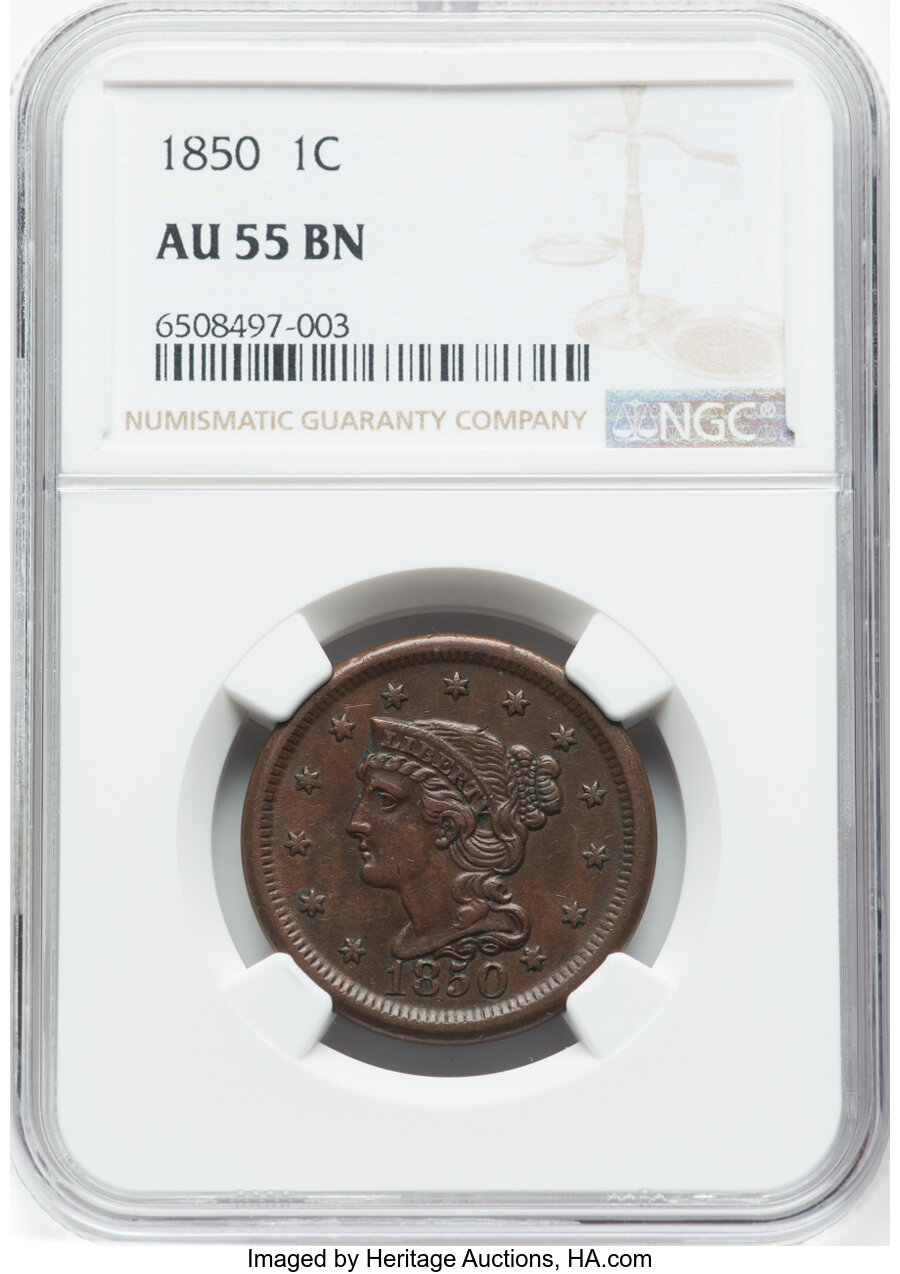 1850 1C AU55 Brown NGC. NGC Census: (50/474). Mintage 4,426,844....
