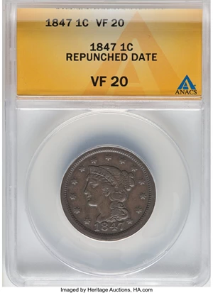 image for: 1847/47 1C Large Over Medium 7, N-18, R.5 Repunched Date VF20 ANACS....