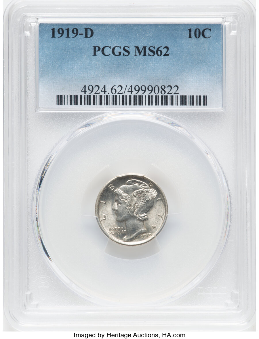 1919-D 10C MS62 PCGS. PCGS Population: (67/266). Mintage 9,939,000. ...