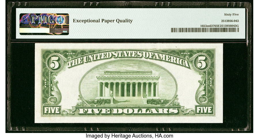 Fr. 1653 $5 1934C Mule Wide Silver Certificate. P-A Block. Back Plate 637. PMG Gem Uncirculated 65 EPQ....