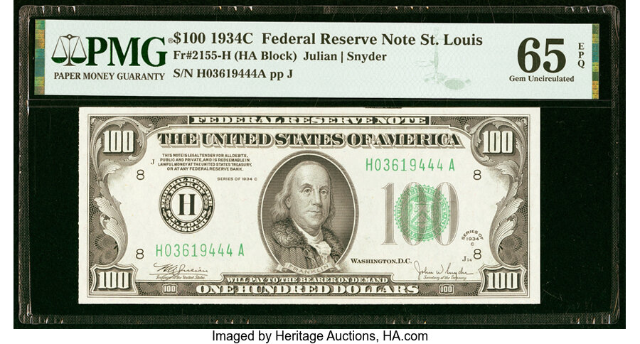 Fr. 2155-H $100 1934C Federal Reserve Note. PMG Gem Uncirculated 65 EPQ....
