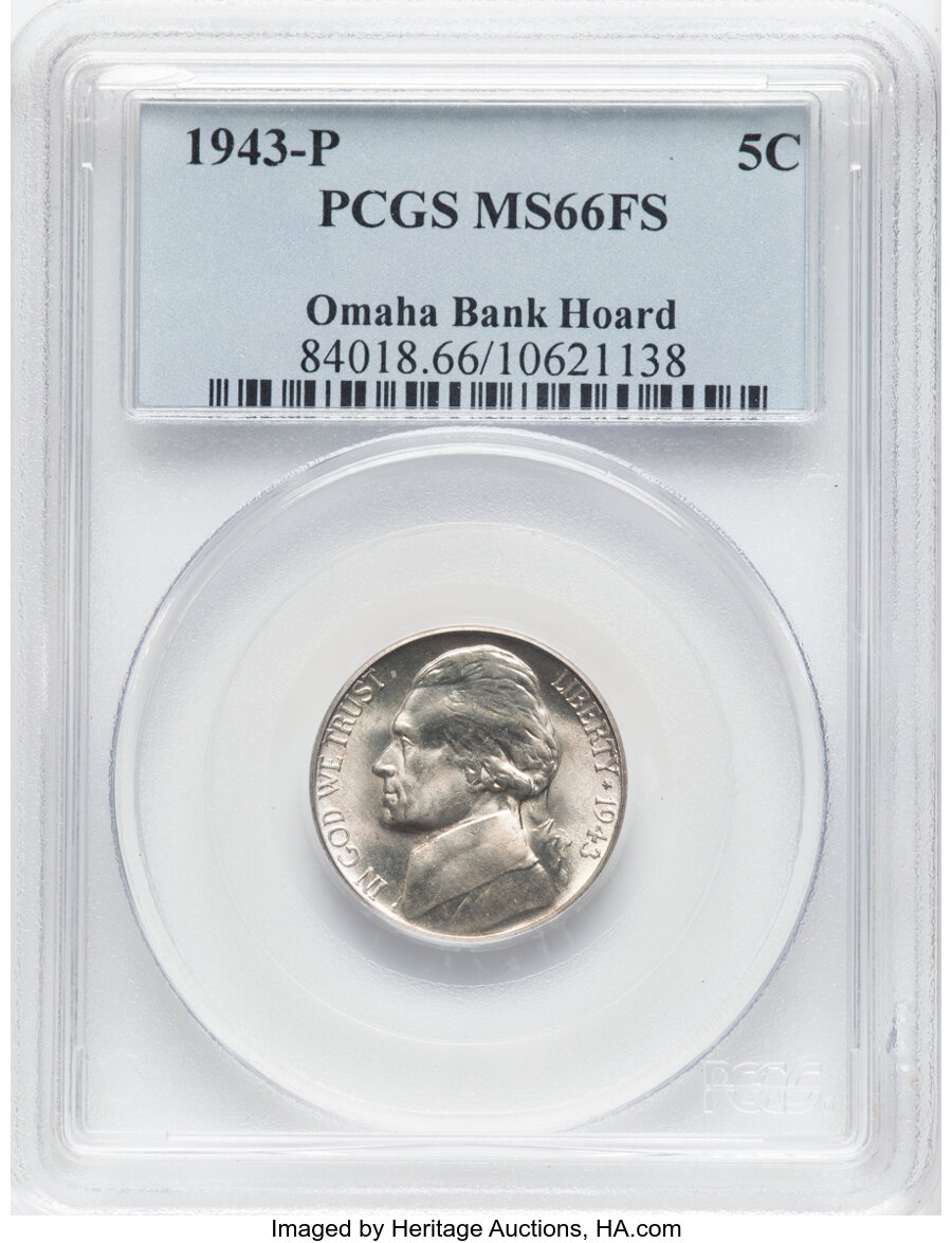 1943-P 5C MS66 Full Steps PCGS. Ex: Omaha Bank Hoard. PCGS Population: (820/160). NGC Census: (544/248). CDN: $70 Whsle. Bi...