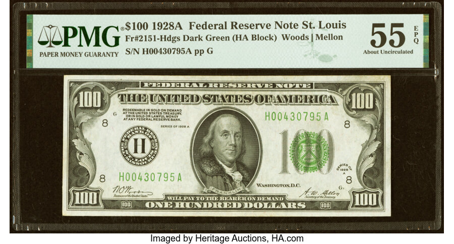 Fr. 2151-H $100 1928A Federal Reserve Note. PMG About Uncirculated 55 EPQ....