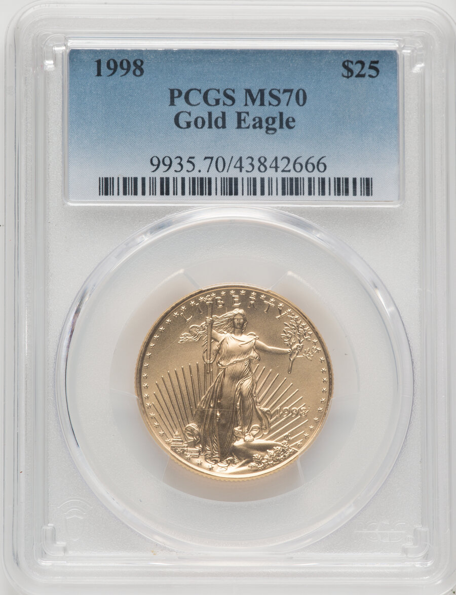 1998 $25 Half-Ounce Gold Eagle MS70 PCGS. Mintage 169,029. ...