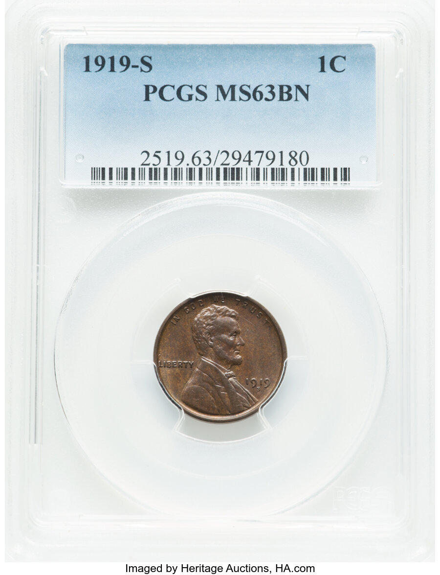 1919-S 1C MS63 Brown PCGS. Mintage 139,760,000....