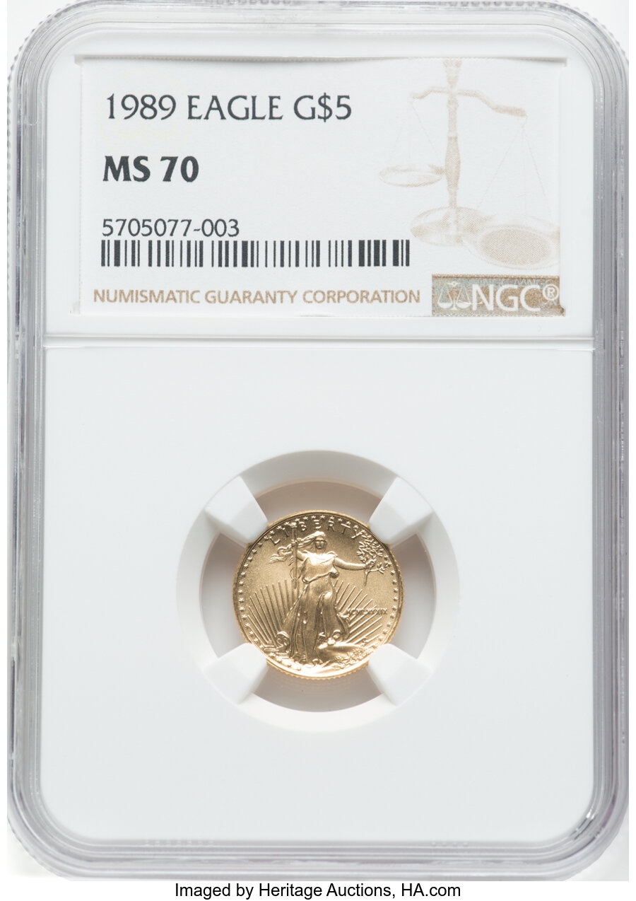 1989 $5 Tenth-Ounce Gold Eagle MS70 NGC. Mintage 264,790. ...
