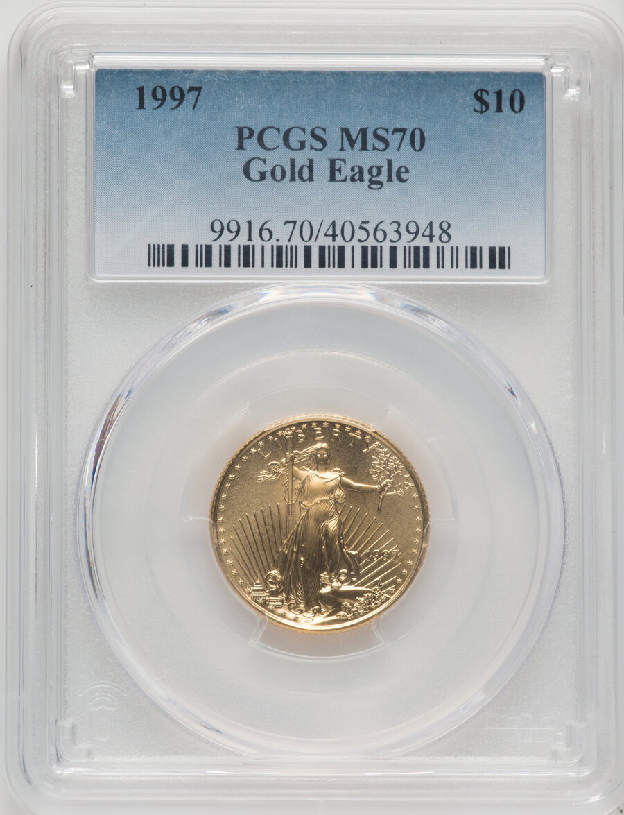 1997 $10 Quarter-Ounce Gold Eagle MS70 PCGS. Mintage 60,318. ...