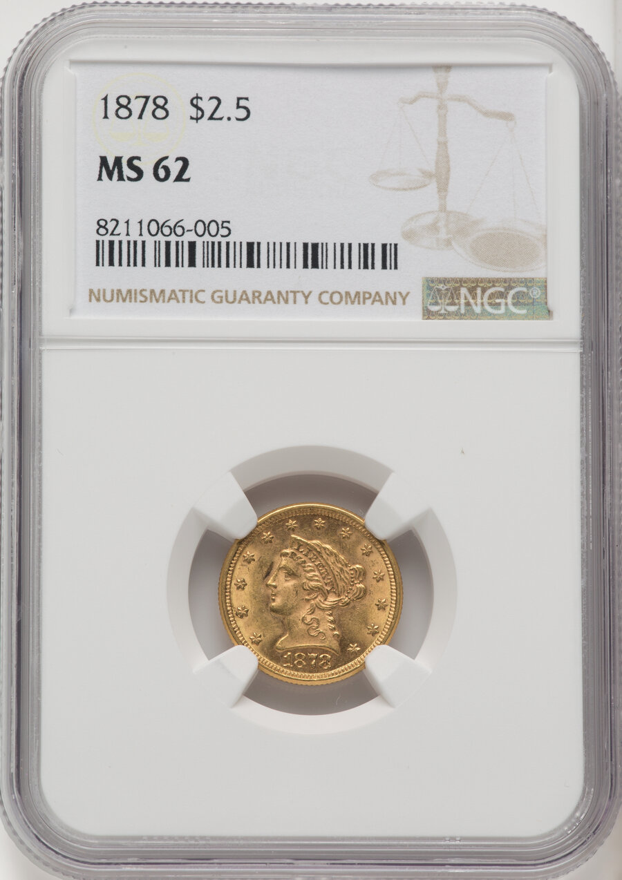 1878 $2 1/2 MS62 NGC. Mintage 286,260. ...