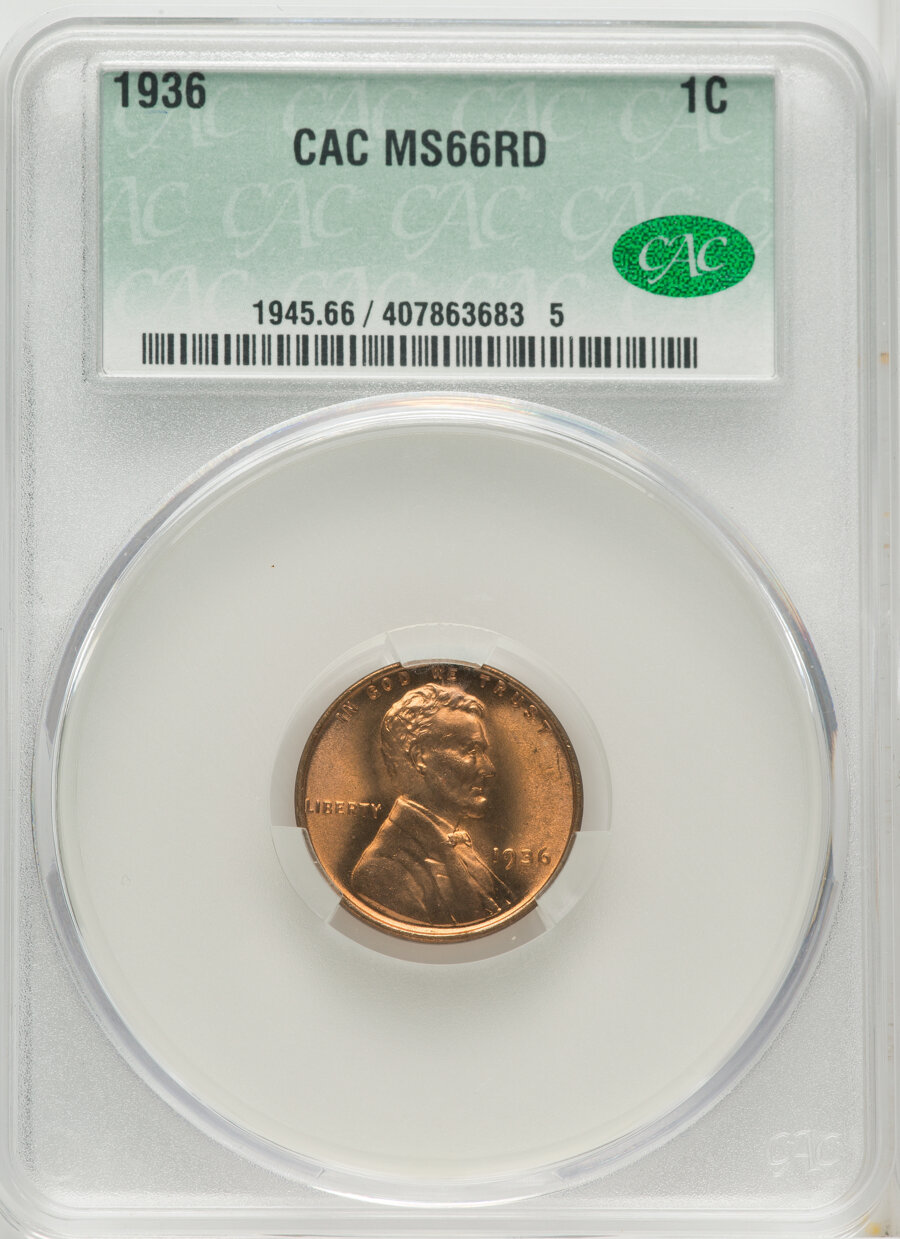 1936 1C MS66 Red CACG. Mintage 309,637,569. ...
