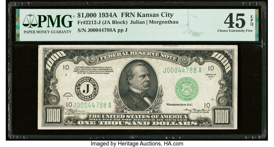 Fr. 2212-J $1,000 1934A Federal Reserve Note. PMG Choice Extremely Fine 45 EPQ....