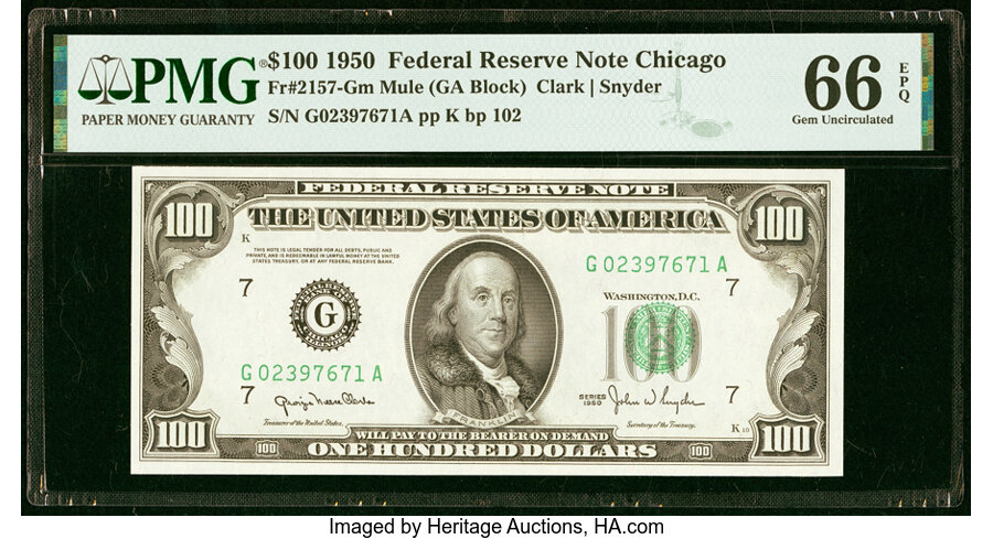 Fr. 2157-G $100 1950 Mule Federal Reserve Note. PMG Gem Uncirculated 66 EPQ....
