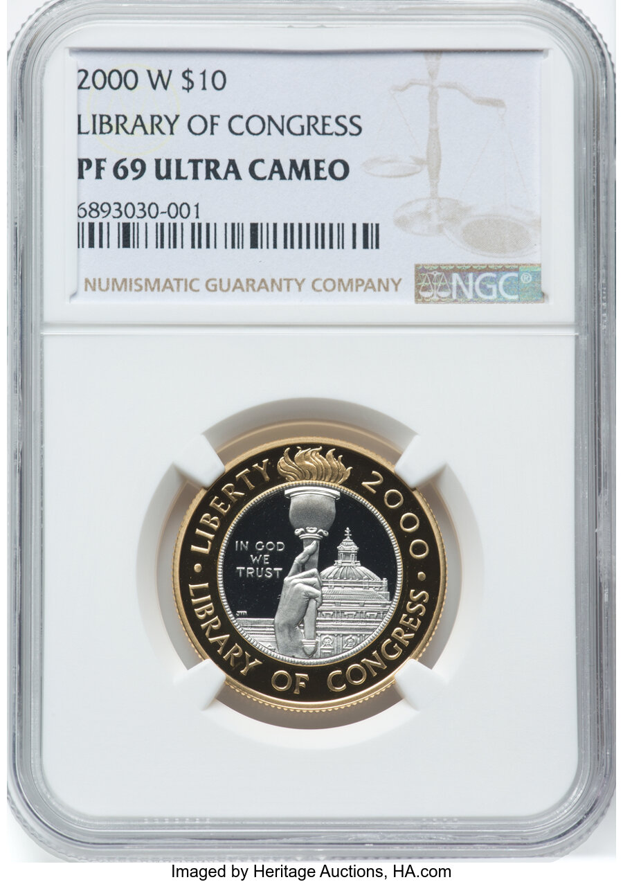 2000-W $10 Library of Congress Bimetallic Ten Dollar PR69 Ultra Cameo NGC. Mintage 27,445....