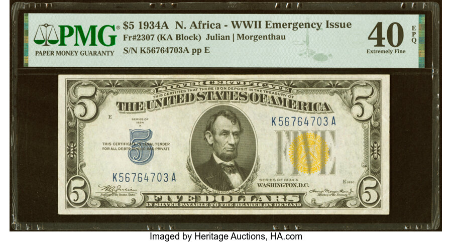 Fr. 2307 $5 1934A North Africa Silver Certificate. PMG Extremely Fine 40 EPQ....