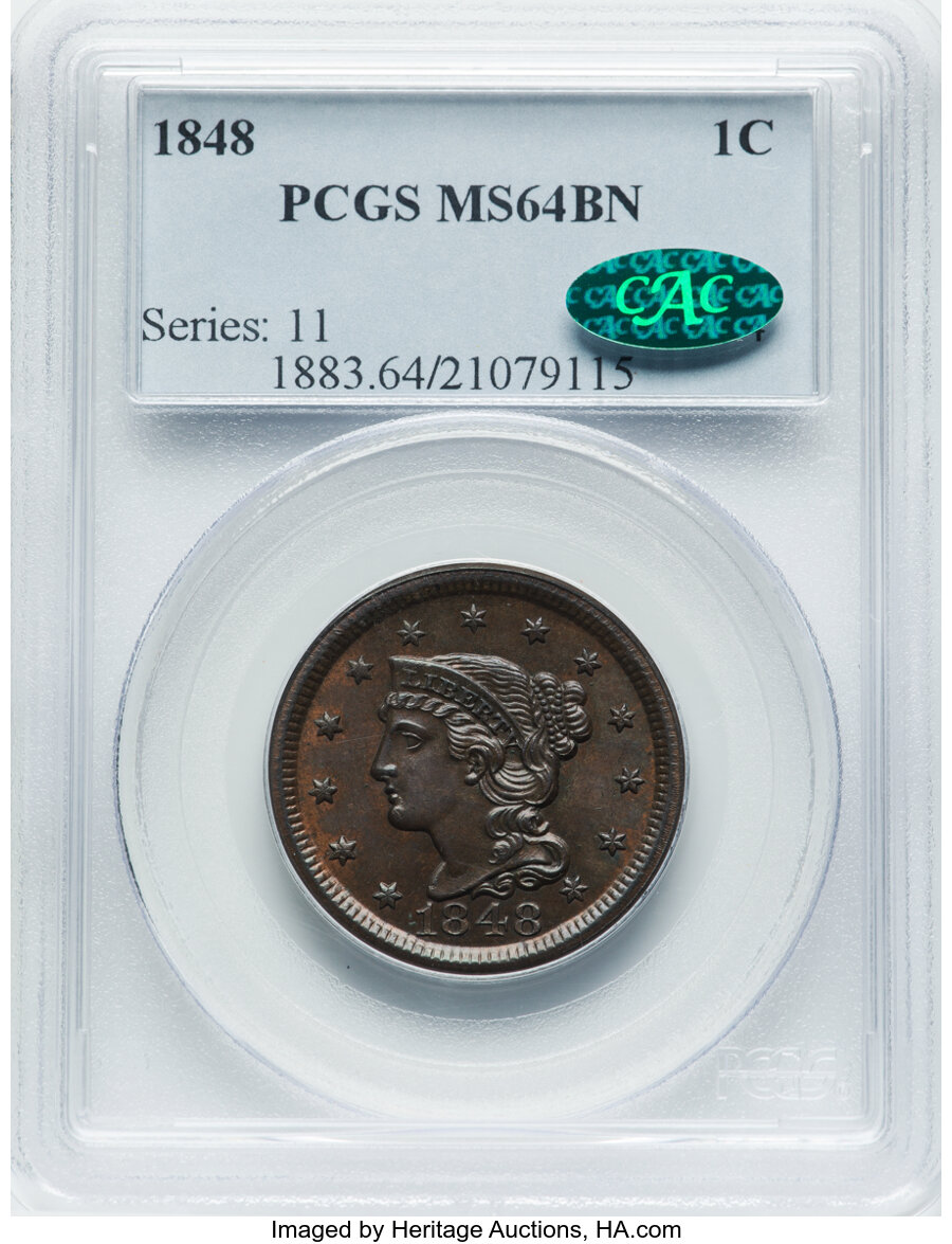 image for: 1848 1C N-28, R.1, MS64 Brown PCGS. CAC.Ex: Central States Signature (Heritage, 4/2006), lot 315....