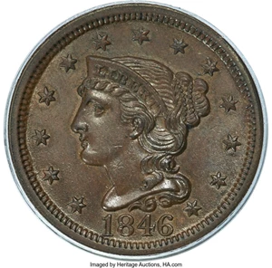image for: 1846 1C Tall Date, N-14, R.2, MS64 Brown PCGS. CAC....