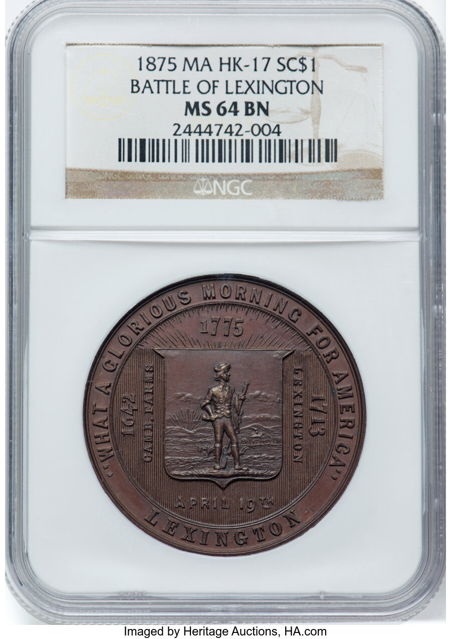 1875 Battle of Lexington Centennial, Bronze, HK-17, Julian-CM-24c, R.5, MS64 Brown NGC. NGC Census: (24/18). PCGS Population...