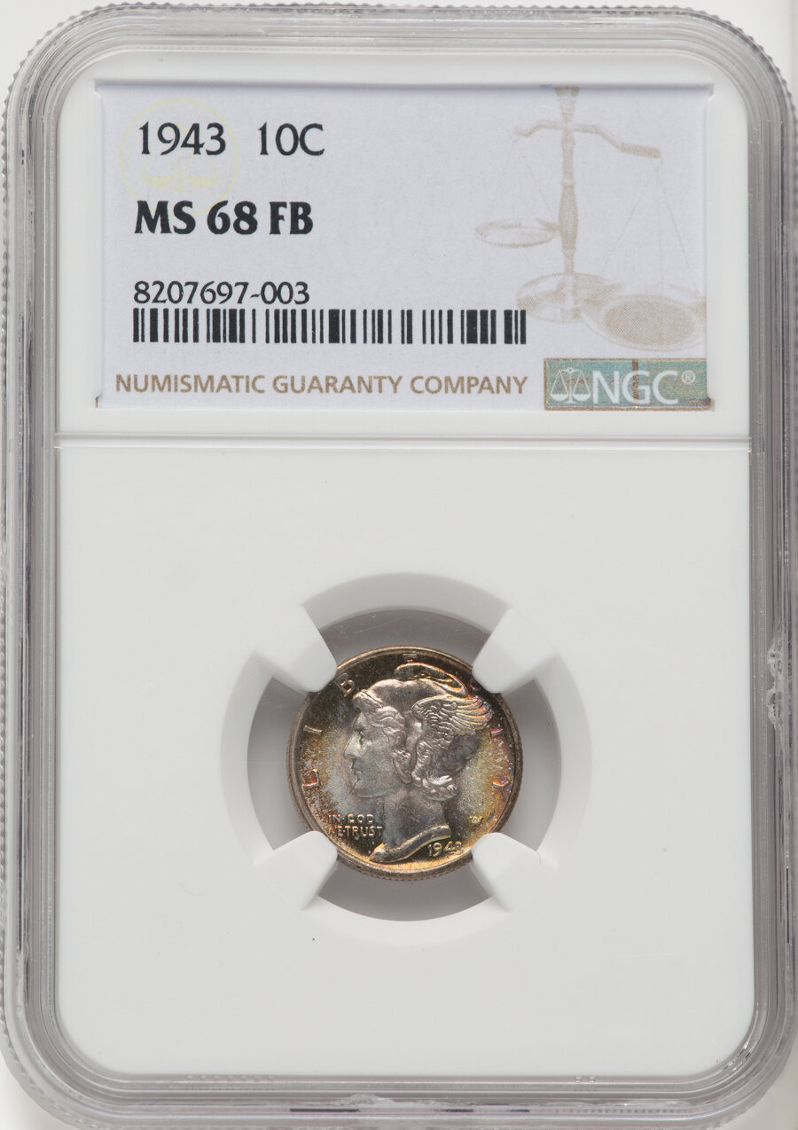 1943 10C MS68 Full Bands NGC. NGC Census: (24/0). Mintage 191,710,000. ...