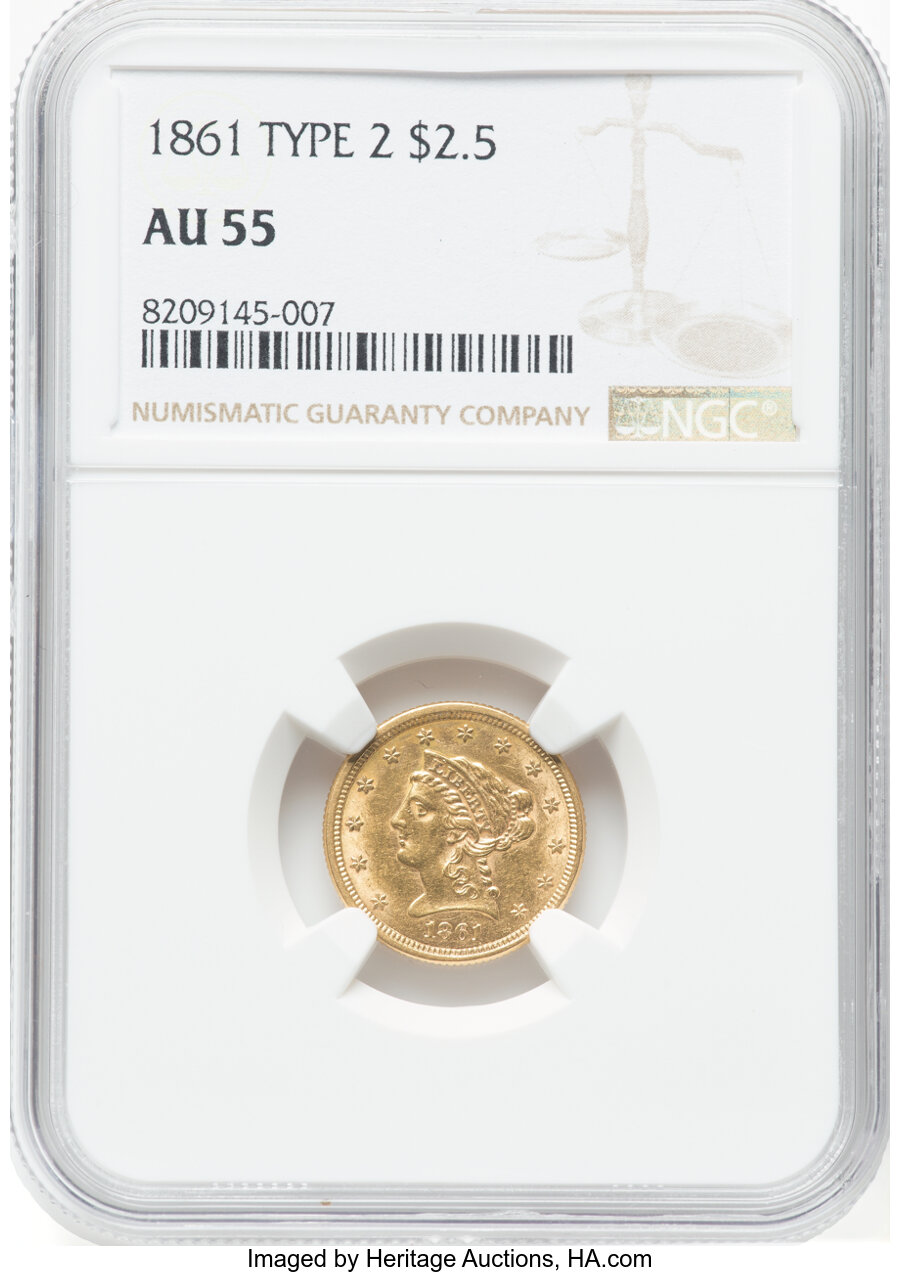 1861 $2 1/2 New Reverse, Type Two, AU55 NGC. Mintage 1,283,878. ...