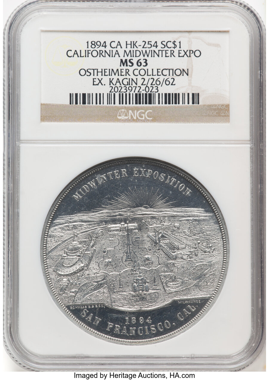 1894 View of California Midwinter Exposition, Aluminum, HK-254, R.5, MS63 NGC. Ex: Ostheimer Collection-Kagin 2/26/62. C...