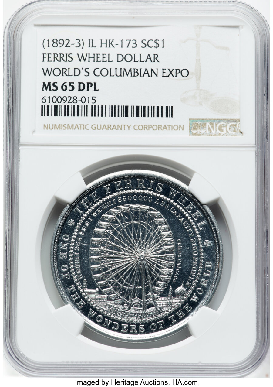 image for: (1893) World's Columbian Exposition, Ferris Wheel, Aluminum, HK-173, Eglit-537, R.5, MS65 Deep Prooflike NGC. NGC Census: (5...