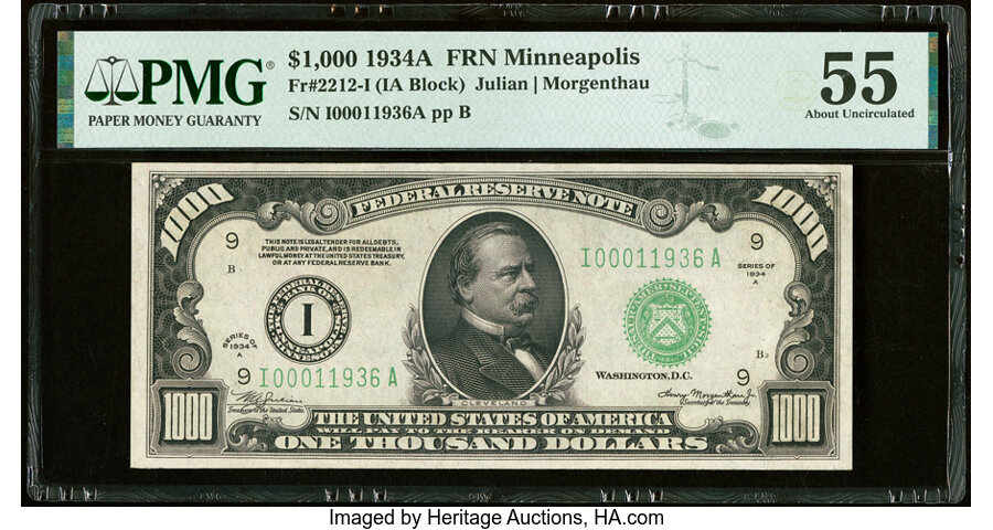 Fr. 2212-I $1,000 1934A Federal Reserve Note. PMG About Uncirculated 55....