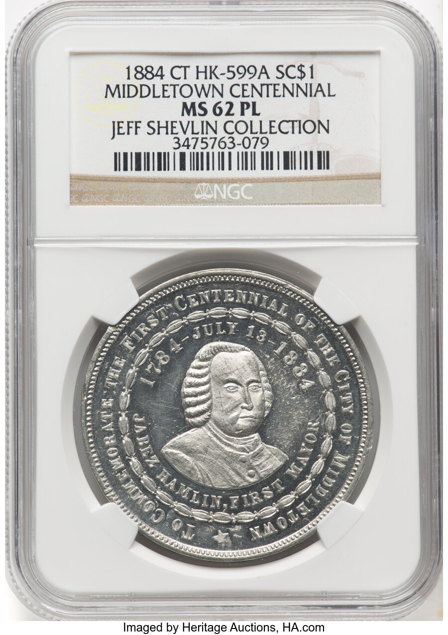 1884 Middletown Centennial, CT, White Metal, HK-599a, R.6, MS62 Prooflike NGC. Ex: Jeff Shevlin Collection. Census: 2 in 62,...