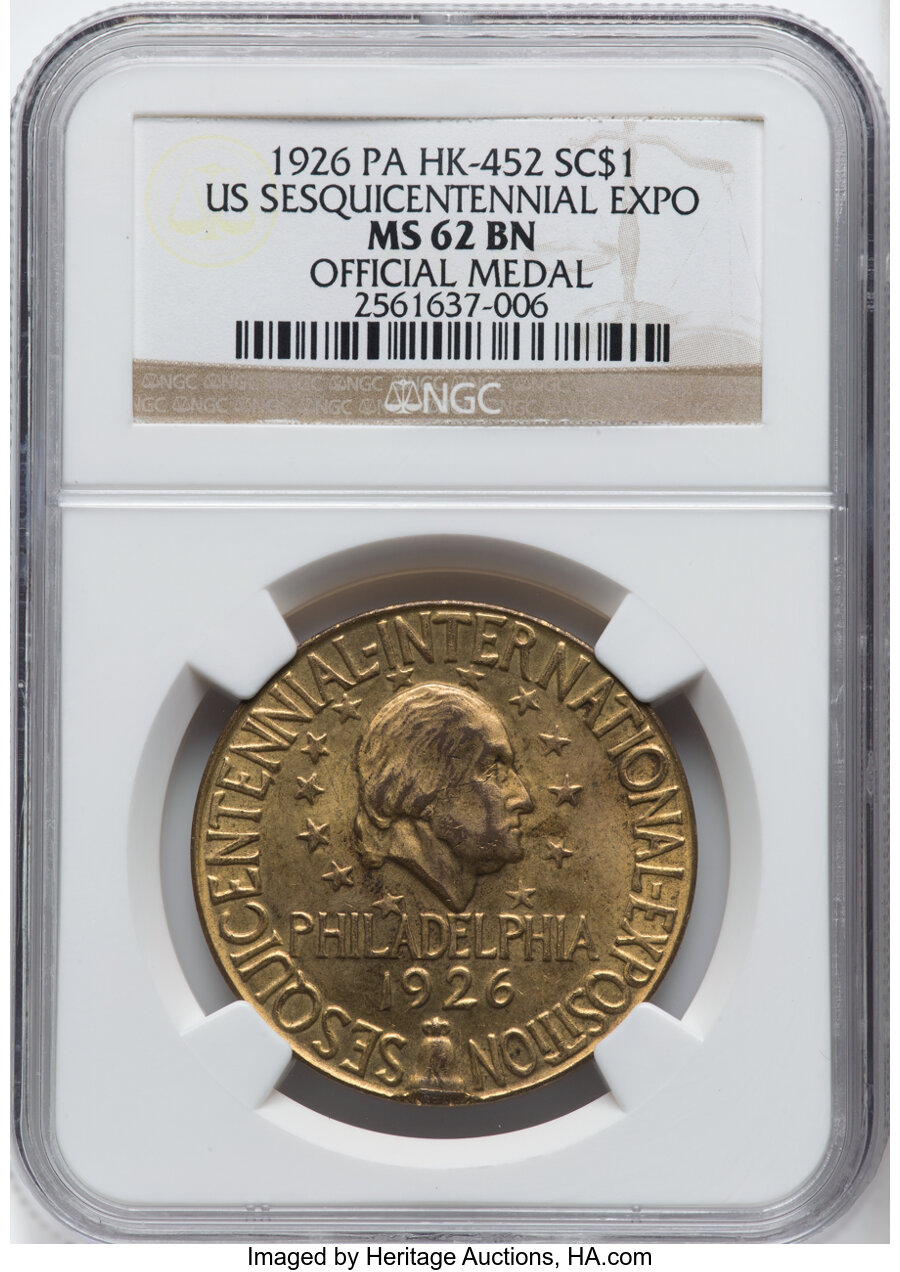 image for: 1926 U.S. Sesquicentennial Exposition, Official Medal, Bronze, Baker-F421A, HK-452, R.3, MS62 Brown NGC. Census: 1 in 62, 8 ...