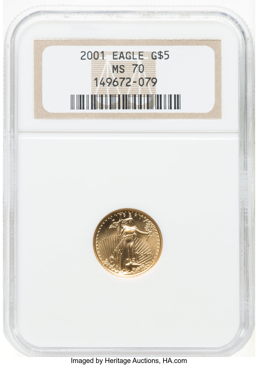 2001 $5 Tenth-Ounce Gold Eagle MS70 NGC. Mintage 269,147. ...