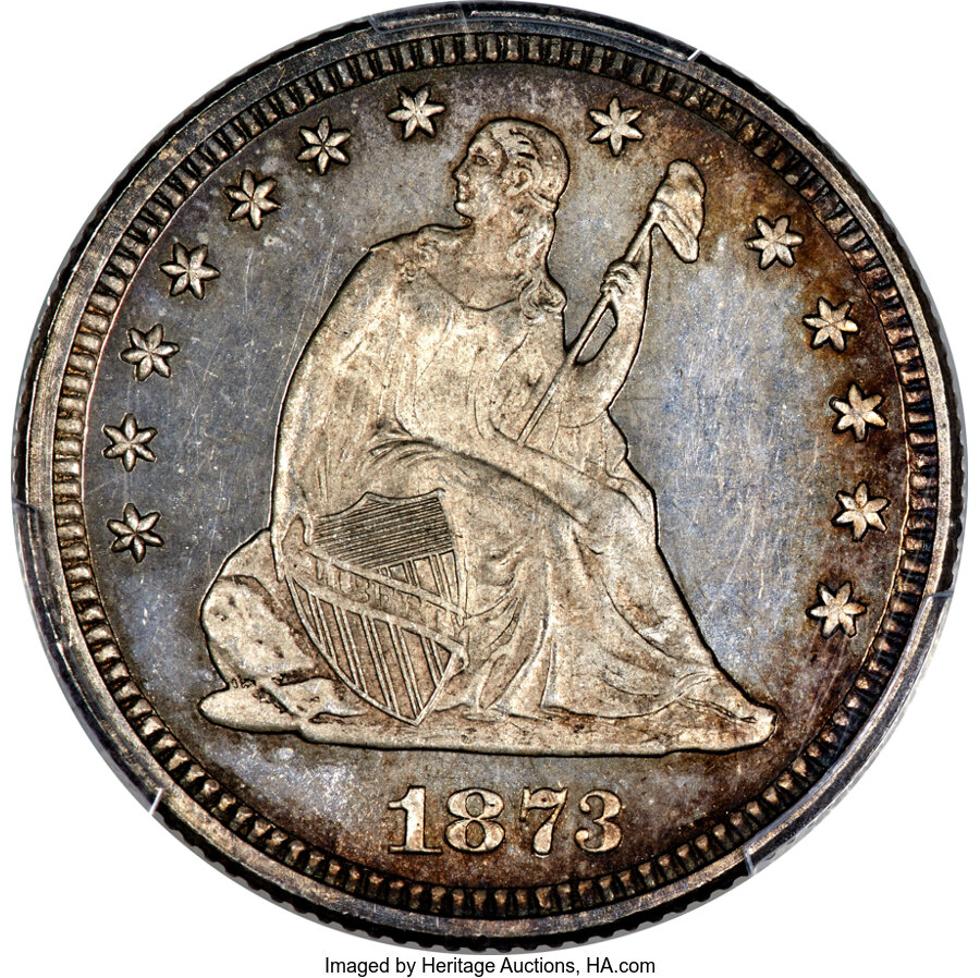 image for: 1873 25C Open 3, No Arrows, MS66 Prooflike PCGS. CAC....