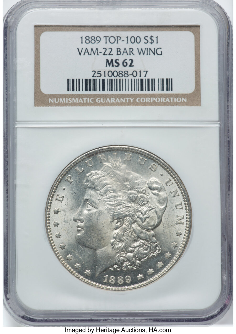 1889 $1 Bar Wing, VAM-22, MS62 NGC. A Top 100 Variety. NGC Census: (36/37)....
