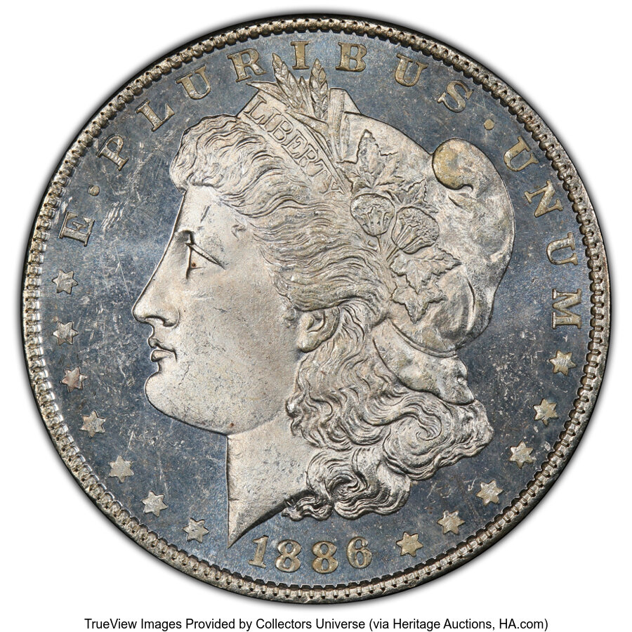 image for: 1886 $1 VAM-1C, 3+2 Clashed Reverse MS64 Deep Mirror Prooflike PCGS. A Hot 50 Variety. PCGS Population: (5/3 and 0/0+)....