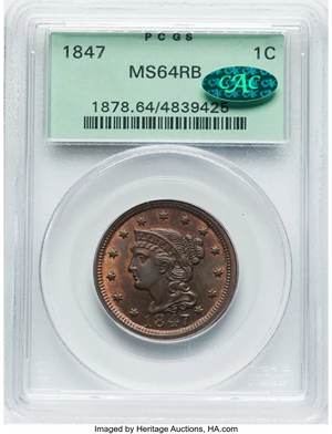 image for: 1847 1C N-26, N-17, High R.3, MS64 Red and Brown PCGS. CAC....