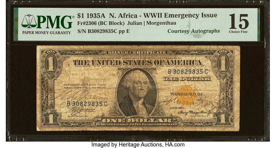 W. A. Julian and Henry Morgenthau, Jr. Dual Courtesy Autographed Fr. 2306 $1 1935A North Africa Silver Certificate. PMG Choice...