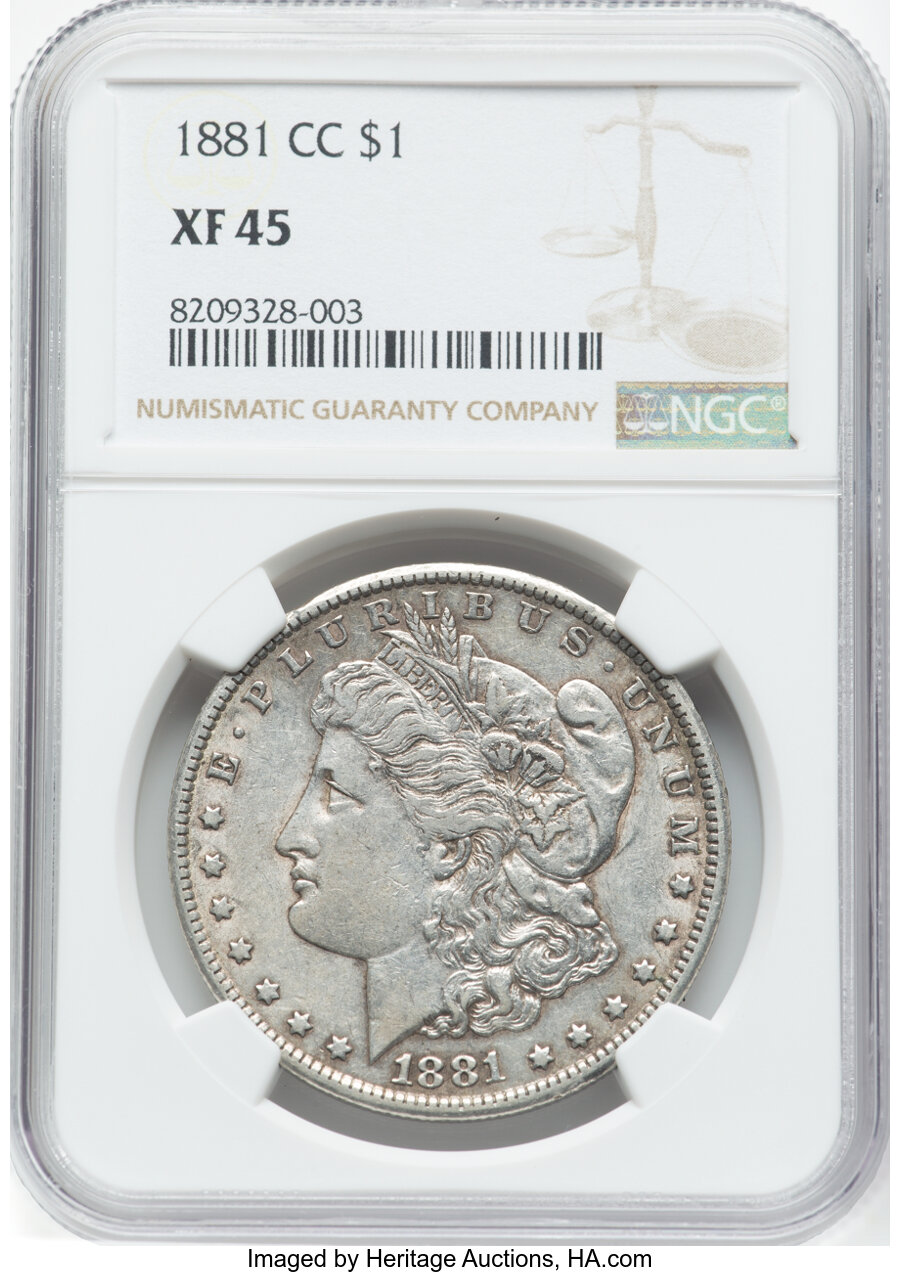 1881-CC $1 XF45 NGC. NGC Census: (23/12249). Mintage 296,000. ...