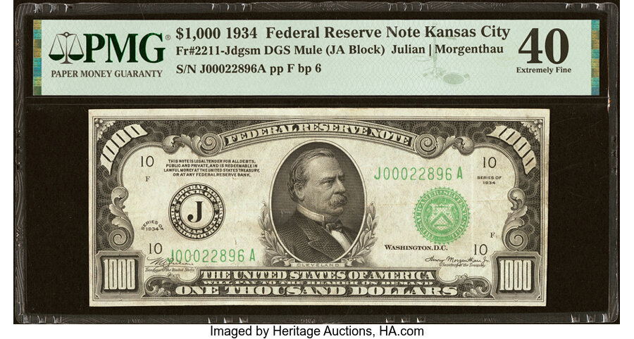 Fr. 2211-J $1,000 1934 Mule Federal Reserve Note. PMG Extremely Fine 40....