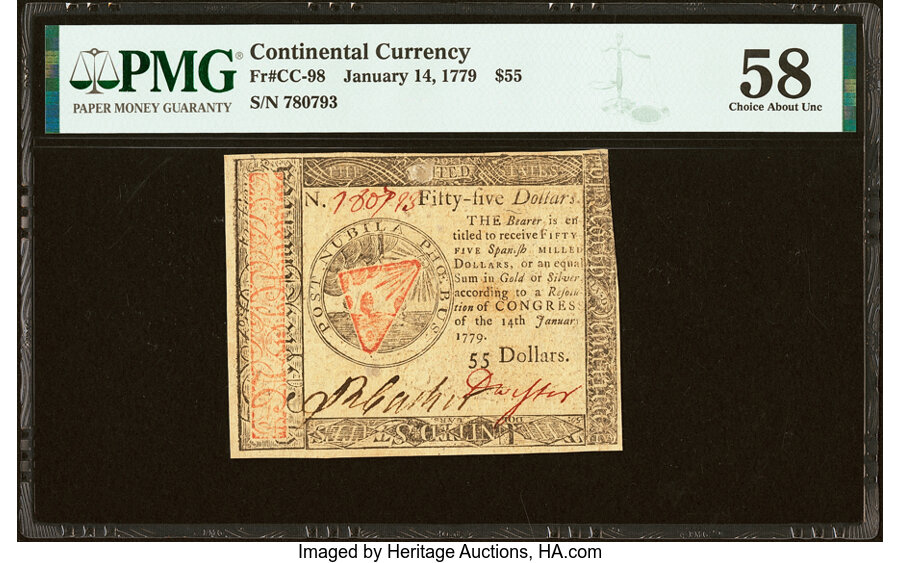 Continental Currency January 14, 1779 $55 PMG Choice About Unc 58....