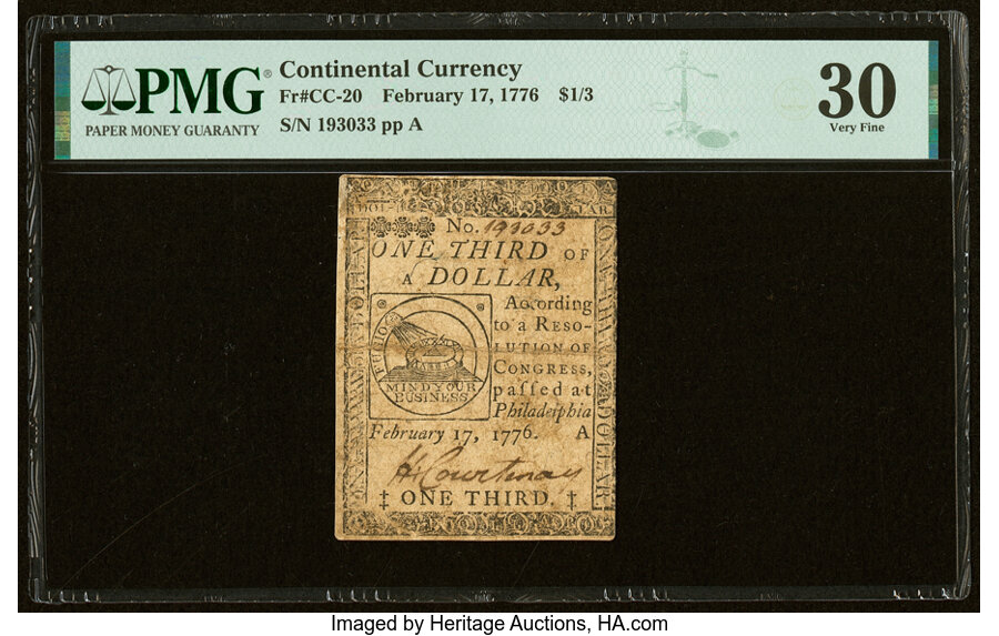 Continental Currency February 17, 1776 $1/3 PMG Very Fine 30....