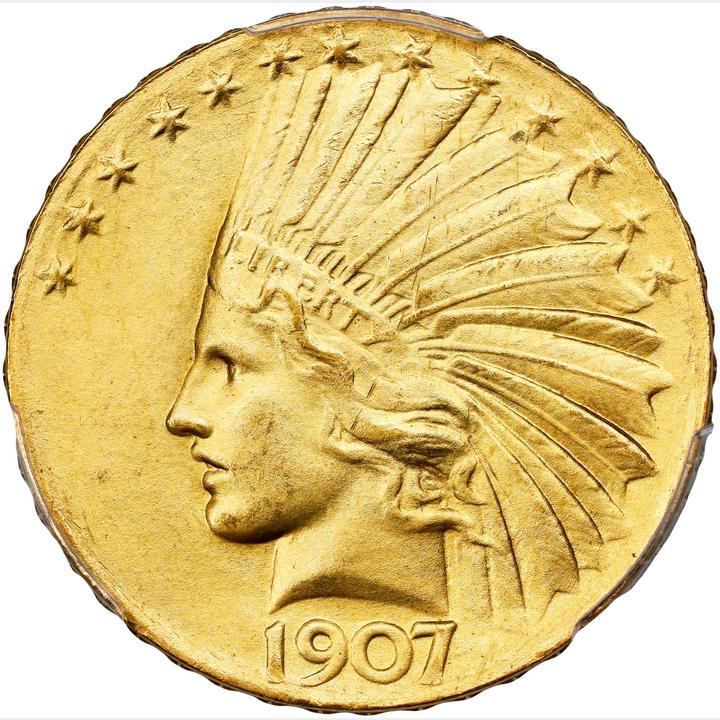 image for: 1907 Pattern Indian Eagle. Wire Rim, Periods. Judd-1901, var., Pollock-1995, var. Rarity-7+. Irregular Raised Stars on Edge. MS-64 (PCGS)