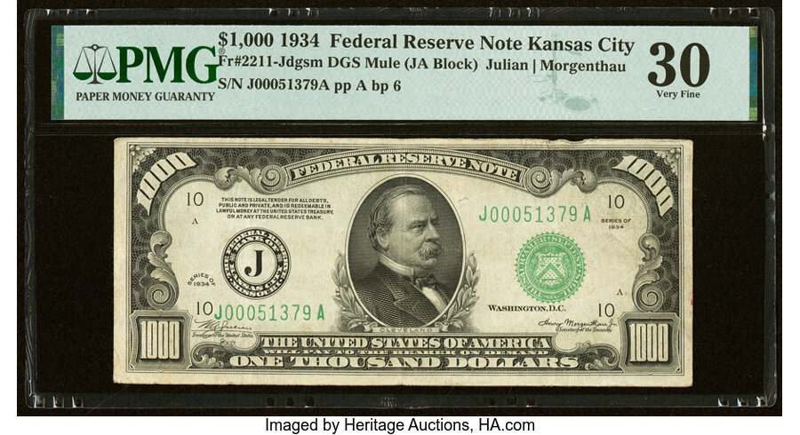 Fr. 2211-J $1,000 1934 Mule Federal Reserve Note. PMG Very Fine 30....