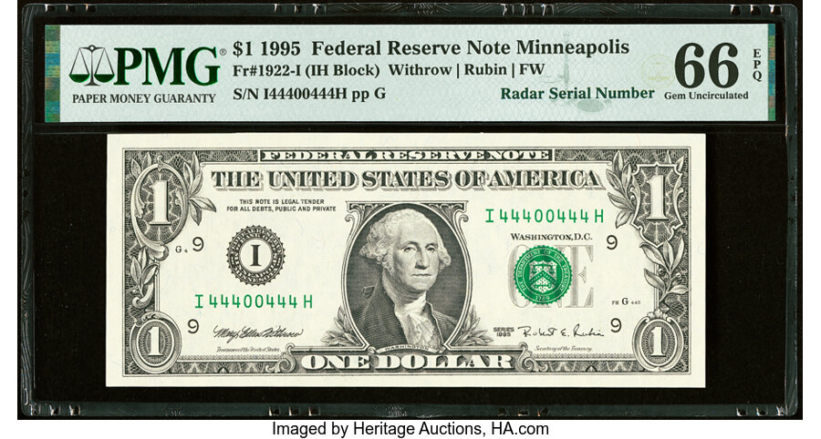 image for: Fancy Radar Serial Number 44400444 Fr. 1922-I $1 1995 Federal Reserve Note. PMG Gem Uncirculated 66 EPQ....