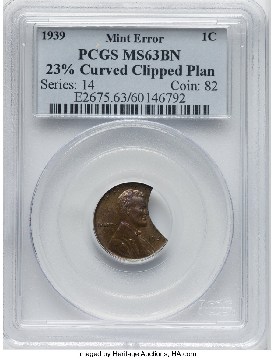 1939 1C Lincoln Cent -- 23% Curved Clipped Planchet -- MS63 Brown PCGS....
