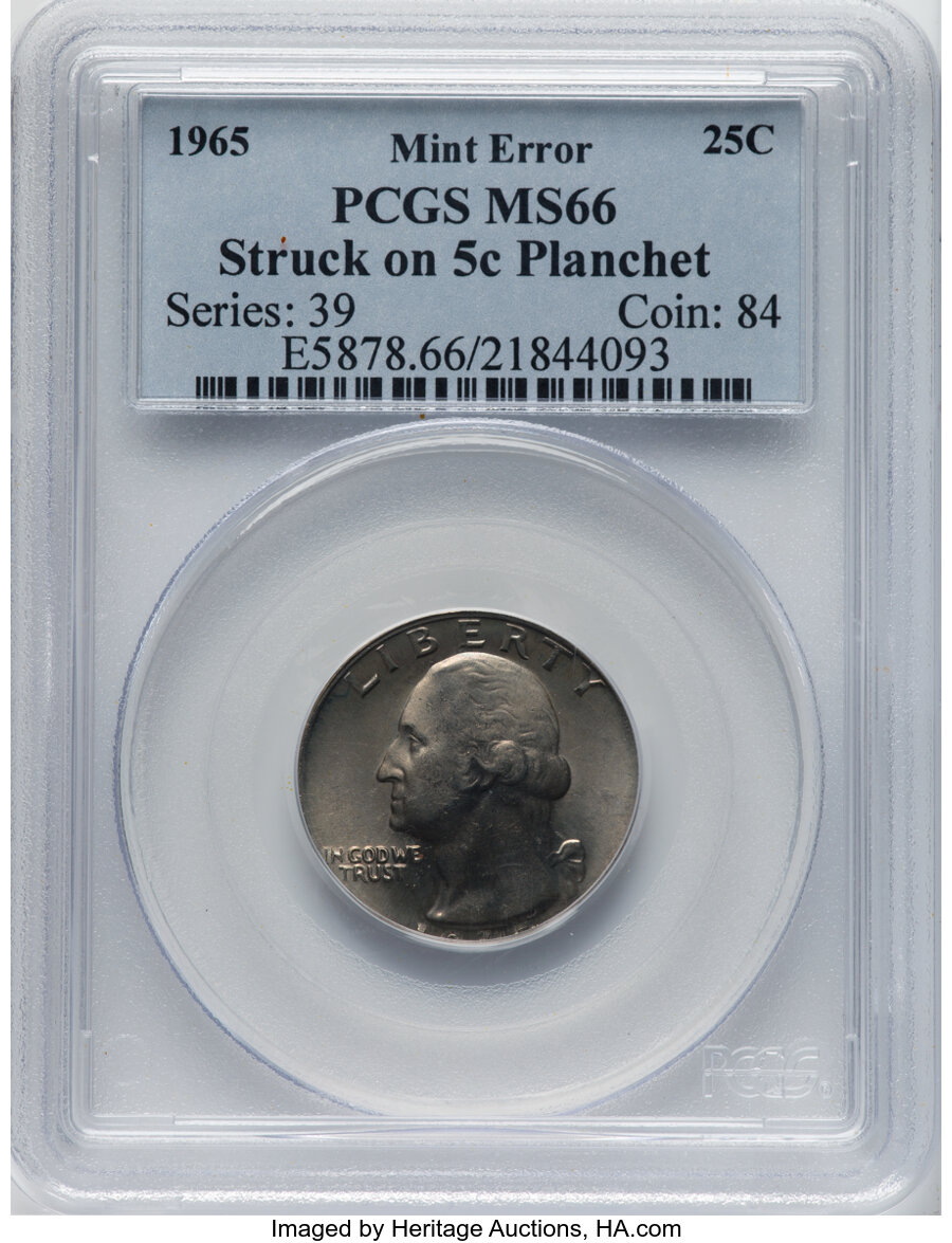1965 25C Washington Quarter -- Struck on 5C Planchet -- MS66 PCGS....