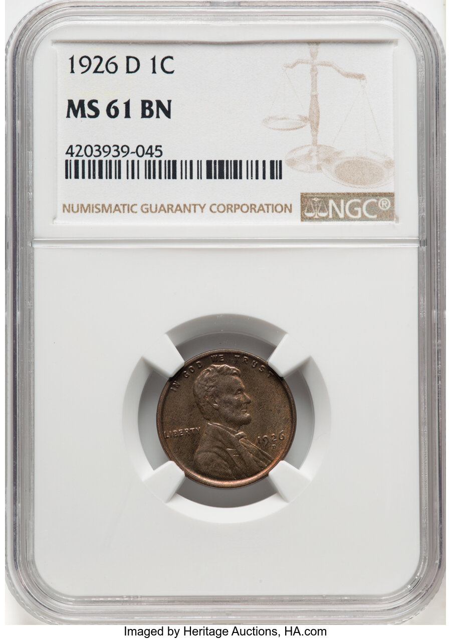 1926-D 1C MS61 Brown NGC. NGC Census: (12/182). Mintage 28,020,000. ...