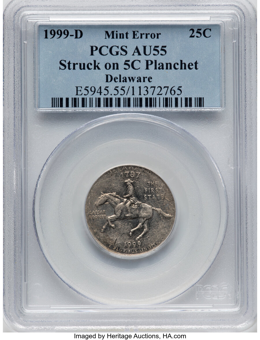 1999-D 25C Delaware Statehood Quarter -- Struck on 5C Planchet -- AU55 PCGS....