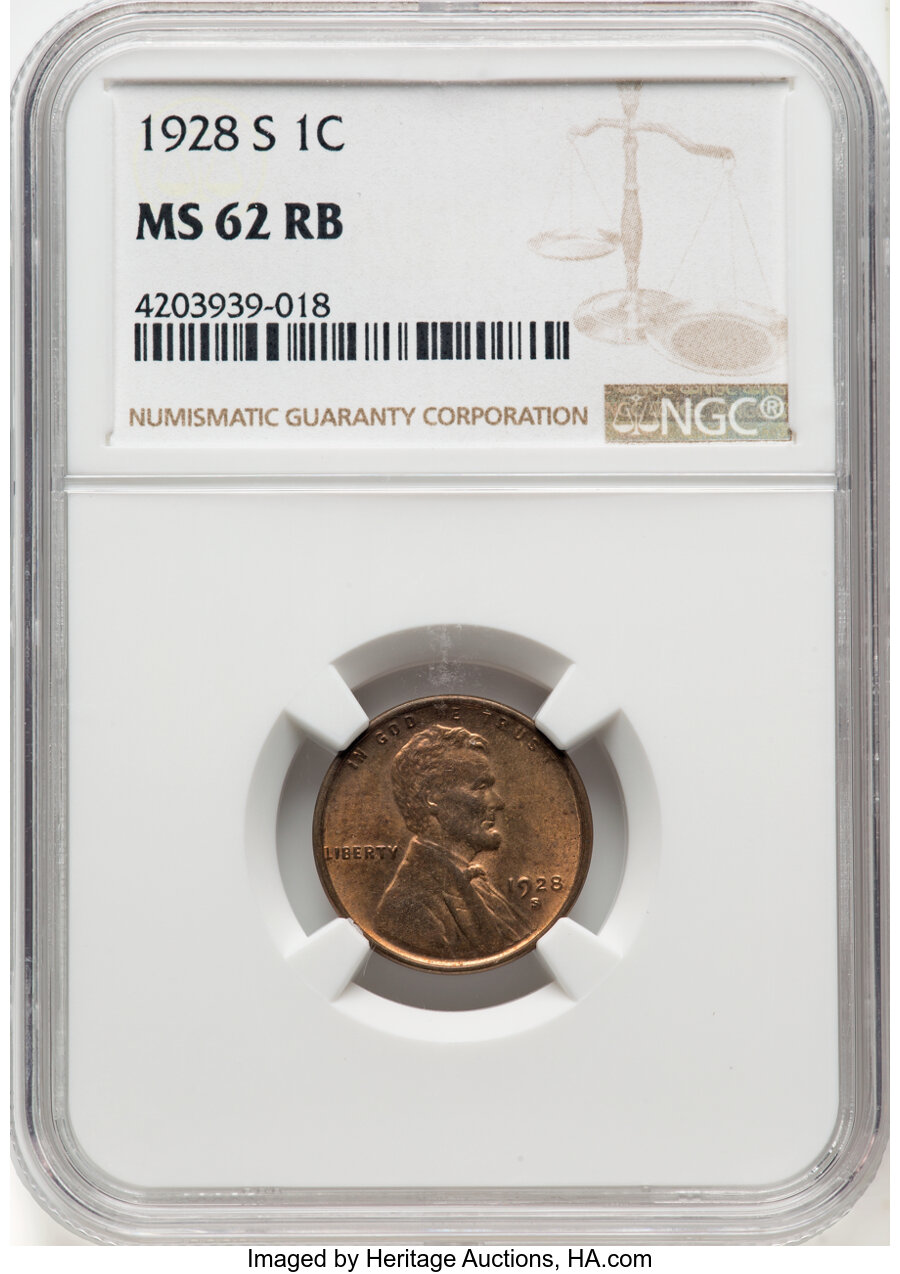 1928-S 1C MS62 Red and Brown NGC. NGC Census: (25/193). Mintage 17,266,000. ...