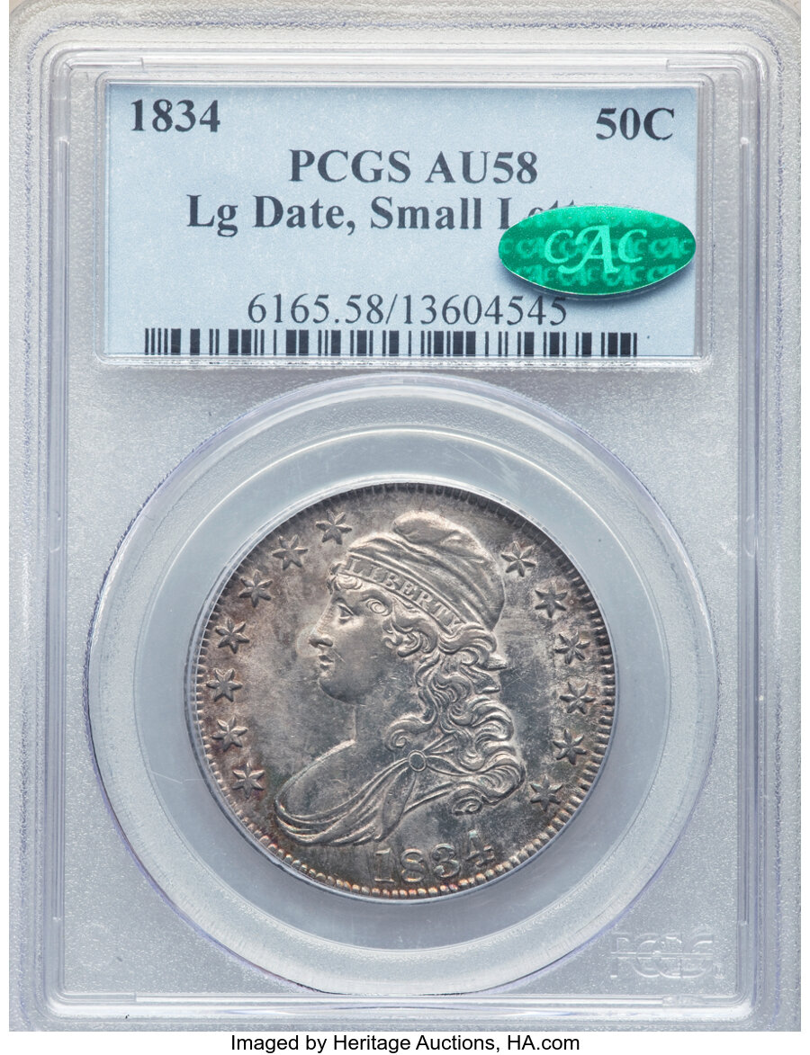 1834 50C Large Date, Small Letters, O-107, R.1, AU58 PCGS. CAC. CAC Population: (1/0)....