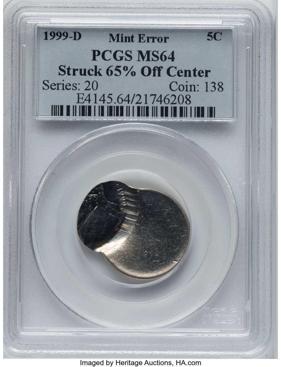 1999-D 5C Jefferson Nickel -- Struck 65% Off Center -- MS64 PCGS....